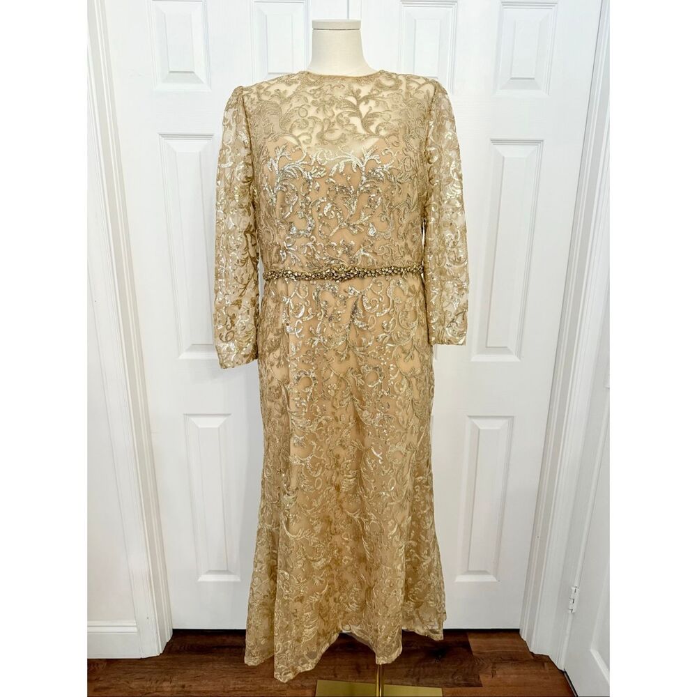 Mac Duggal 68011 Sequin Gold Embellished High Neck Long Sleeve Gown Dress 20
